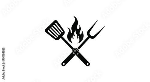 A crossed spatula and fork with flames in between representing outdoor cooking and summertime silhouette high quality professional detailed modern elegant
