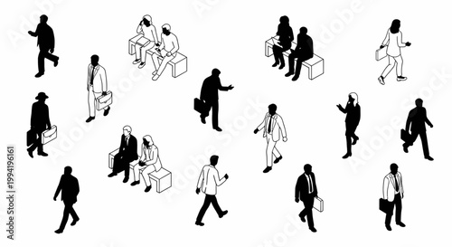 isometric business people vector set with a diverse group of corporate characters walking sitting and commuting.