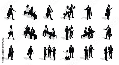 isometric silhouettes of business people in various poses and activities business meeting