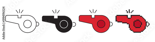 Vector illustration of sport whistle icons. Collection includes outline, solid glyph, flat color, and pixel art styles of soccer referee equipment isolated on white background.