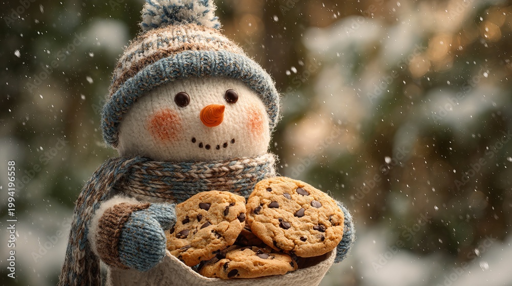Obraz premium A cheerful snowman wearing a hat and scarf holds a bowl of chocolate chip cookies on a snowy day