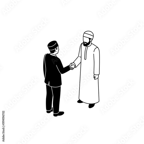 Muslim businessmen in traditional attire shaking hands isometric art