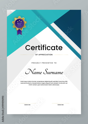 Bild auf Leinwand Stylish vertical diploma layout with dynamic teal and dark blue geometric overla
