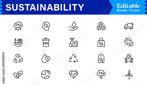 Sustainability Concepts in a Professional Line Icon Set – Modern, Minimal, and Editable Eco-Friendly Symbols for Green Initiatives and Environmental Themes