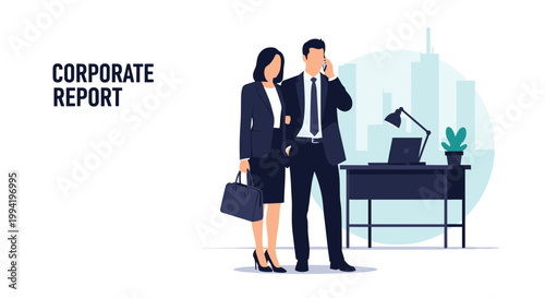 Professional business couple standing together in an office setting with a corporate report title and a city skyline background.