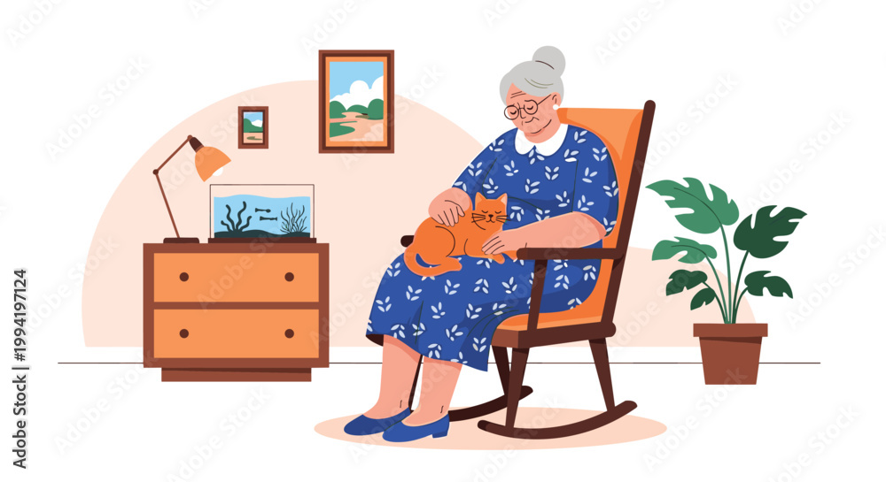 Fototapeta premium Elderly woman sits in a wooden rocking chair while petting a ginger cat in a cozy living room featuring an aquarium and plants.