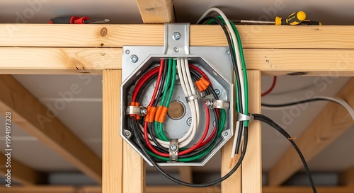 Close-up of a colorful bicycle wheel with green and orange spokes in a wooden garage