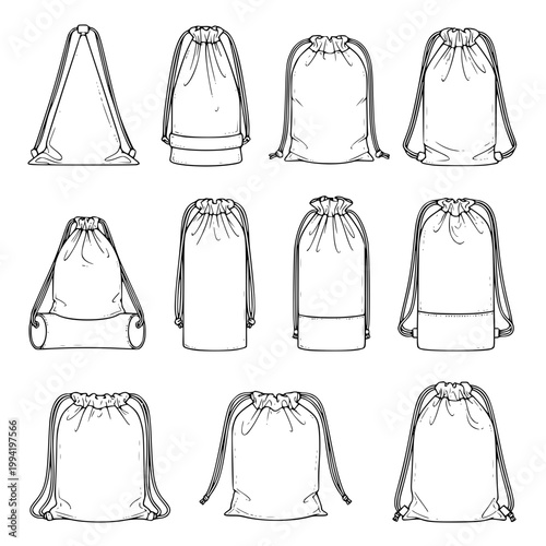 Vector illustration of various drawstring bags and pouches