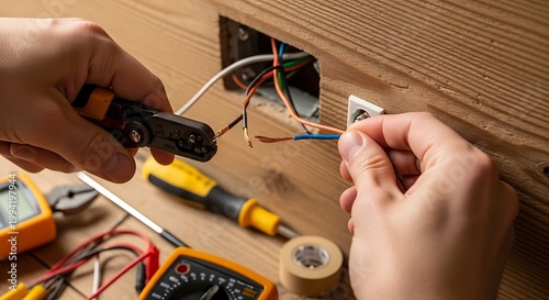 Hand holding black and blue mechanical pencil with yellow eraser on wooden desk with stationery