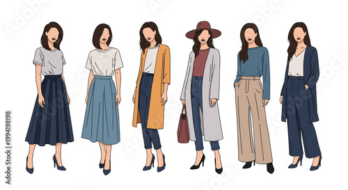 Modern fashion illustration displays six women in a variety of casual and professional outfits for seasonal inspiration.