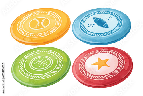 set of Watercolor Frisbee Icon, Outdoor Game Clipart, Isolated on White background