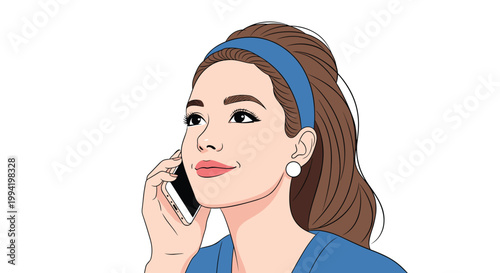 Stylish young woman with brown hair and a blue headband looks up thoughtfully while talking on her modern smartphone.