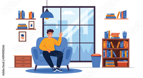Young man relaxes in a blue armchair in a modern living room featuring tall bookshelves and a large window with a city view.
