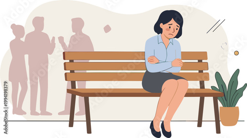 Woman sitting on a bench with people in the background looking sad