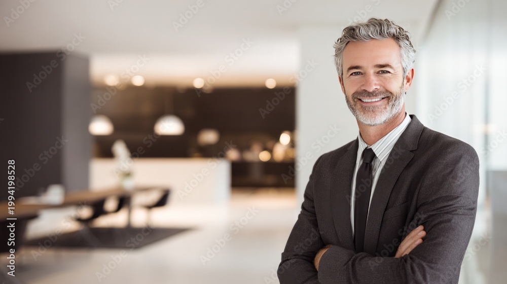 Fototapeta premium The Confident Executive: A distinguished executive exudes confidence with a warm smile, radiating professionalism and charisma in a modern, stylish office setting. 