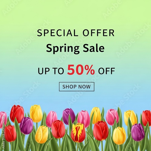 Spring Sale Special Offer with Colorful Tulips Illustration.