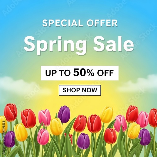 Spring Sale Special Offer with Colorful Tulips Illustration.