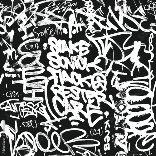 Black and white seamless grunge pattern for boy textile, sport urban clothes. Grunge graffiti texture, repeat print. Street art wall repeated ornament. Vector background