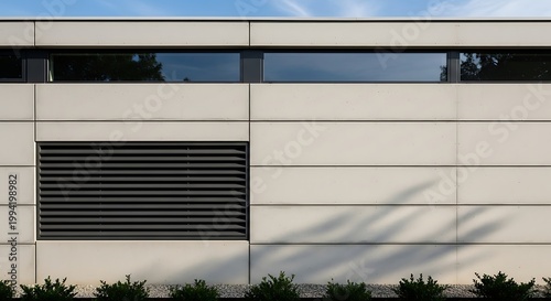 White modern building exterior with horizontal sun glare and greenery facade