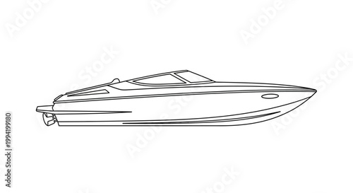 Speedboat line art, vector illustration, side view of a modern motorboat, isolated on white