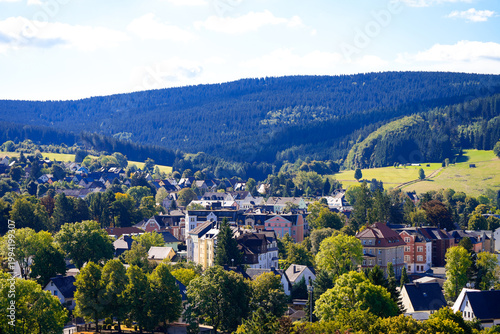 View of the green landscape near Eibenstock in the Ore Mountains
