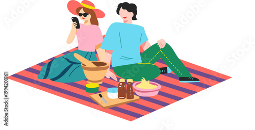 A modern, flat-style vector illustration of a man and a woman sitting together on a red and purple striped picnic blanket. The scene features a mortar and pestle, condiment bottles, and a bowl of food
