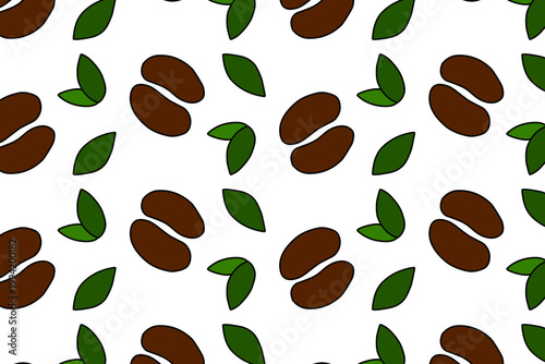 Seamless Coffee Bean Pattern with Green Leaves, Hand Drawn Coffee Minimalist Food Background