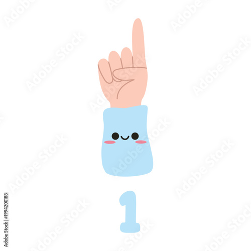 Cute Character Hand Showing Number One Gesture Flat Vector Illustration for Kids Education