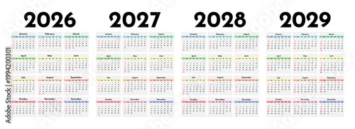 Set of calendars for 2026, 2027, 2028 and 2029 on a white background