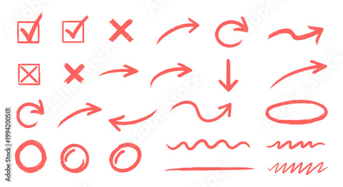 red hand-drawn marker symbols set featuring check marks x marks arrows and circles ideal for graphic design presentations and creative annotations.