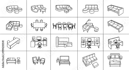 collection of black and white line art icons of interior furniture for floor plans