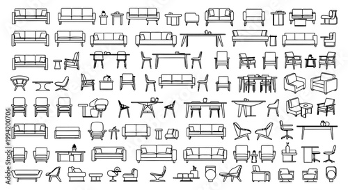 diverse collection of detailed line drawing furniture icons for interior design and architectural plans