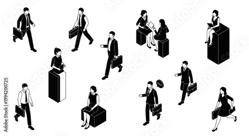 isometric business people in black and white walking and sitting with briefcases