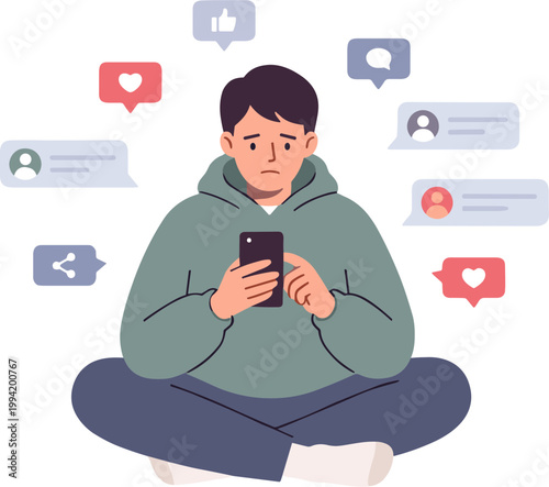 A young man sits cross-legged on the floor, looking concerned while browsing his phone surrounded by social media icons and messages.