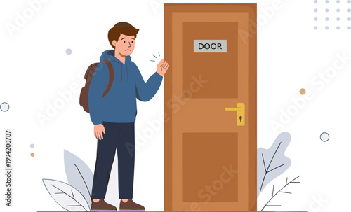 Man with backpack approaches and knocks on a brown wooden door in an outdoor setting.