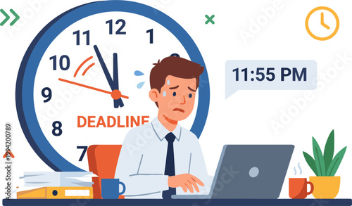Man working late at office desk with laptop and clock showing deadline