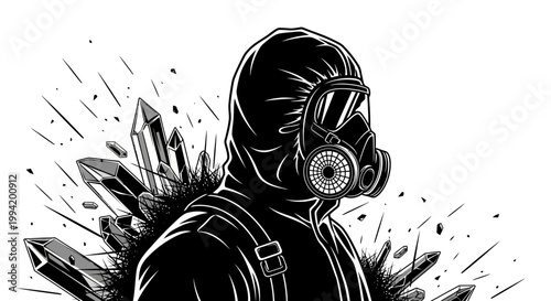 a figure in a hazmat suit and gas mask stands amidst sharp crystals exploring a hazardous environment full of danger and scientific mystery.