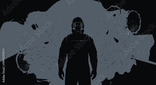 hazmat suit gas mask protective clothing on a silhouette person standing amidst flying debris in a toxic industrial disaster zone.