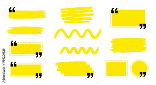 a collection of yellow highlighter brush strokes quotation marks and blank text boxes for design education and social media quotes.