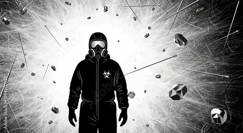 hazmat suit with gas mask and biohazard symbol for personal protective equipment against asbestos and airborne particles
