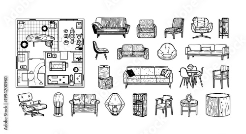 architectural furniture symbols and floor plan icons for modern interior design and home decor concepts.