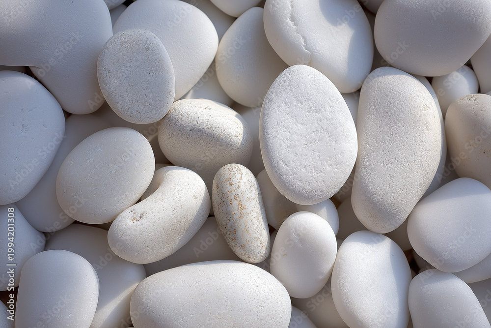 Fototapeta premium “Minimal White Pebble Texture with Smooth Natural Stones, Soft Shadows, and Clean Organic Patterns, Creating a Calm and Elegant Background Design”