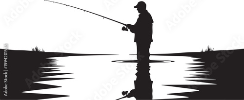 Fishing, silhouette, man fishing, black, vector, illustration, outdoors, recreation, leisure