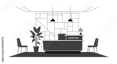 Modern office reception desk illustration in black and white style.