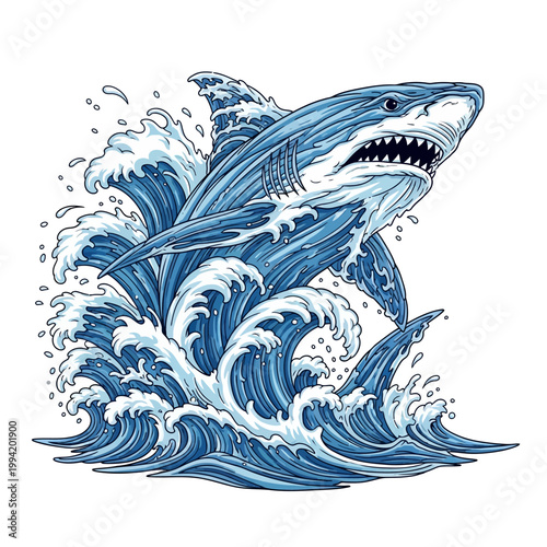 Great White Shark Leaping Through Waves