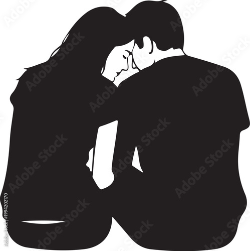 Romantic Couple Silhouette, Love Vector Icon, Black Illustration, Relationship Symbol