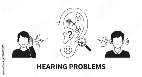 Hearing problems and tinnitus concept illustration with ear anatomy and symptoms.