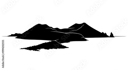 Black silhouette of mountain range and coastal island vector