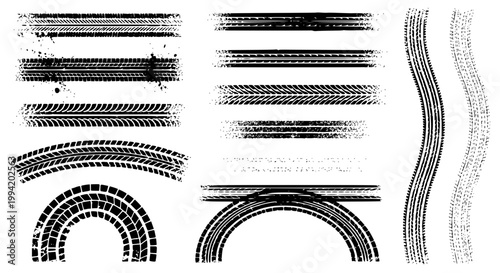 Tire tread marks after skidding, launch, drift, powerslide in motorsport, rally, off-road, motocross. Wheel texture with splash effect. Vector, transparent background SVG version.
