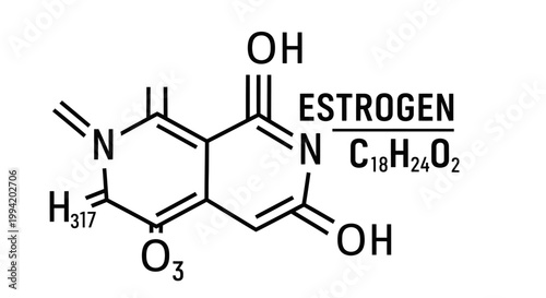 Estrogen chemical formula and molecular structure illustration.